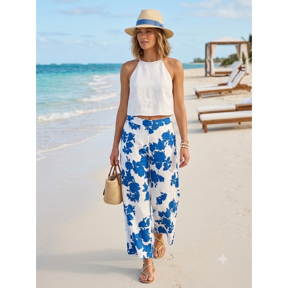 Cynthia Rowley Blue White Floral‎ 100% European Linen Wide Leg Pants S Coastal